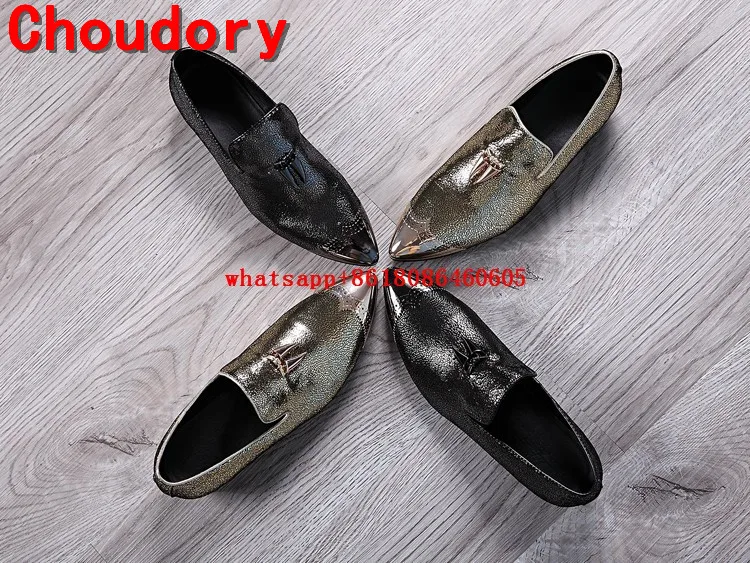 Choudory Strieborný Lesk Pánske Šaty Formálne Topánky Slip-on black špicatý mokasíny strapec klasické kožené topánky sapatos masculino
