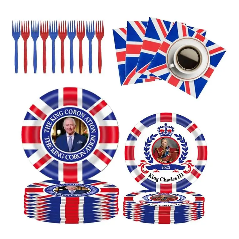 Union Jack Riad Nastaviť UK Tematické Papierové Taniere/Plienky/Vidličky Riad Súprava King Charles Korunovácie Dekorácie