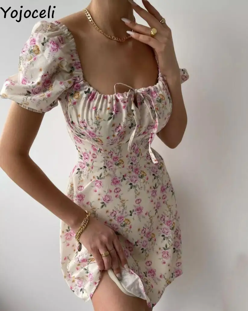Yojoceli Ženy kvetinový tlač elegantné námestie krku šaty Letné beach vintage sladké krátke šaty Elegantné, sexy luk sexy ženské šaty