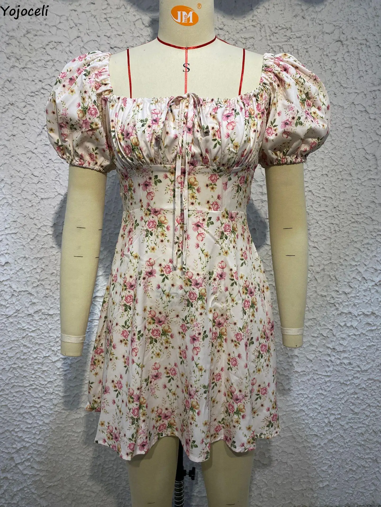 Yojoceli Ženy kvetinový tlač elegantné námestie krku šaty Letné beach vintage sladké krátke šaty Elegantné, sexy luk sexy ženské šaty