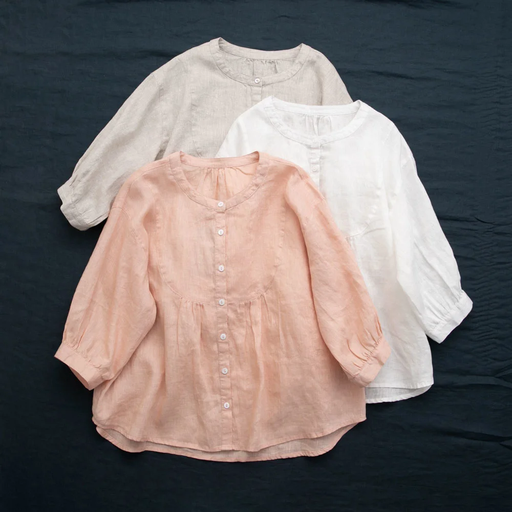 Ľahké a tenké čistá bielizeň voľné kovanie tričko, okrúhlym výstrihom, 3/4 rukávy, krátke štýl klimatizácia a ochranu pred slnkom tričko,